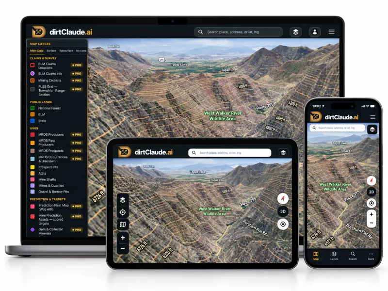 dirtClaude open on a laptop, a tablet and a phone: the Mine Data layers panel beside a 3D satellite view of the mountains around Topaz Lake.