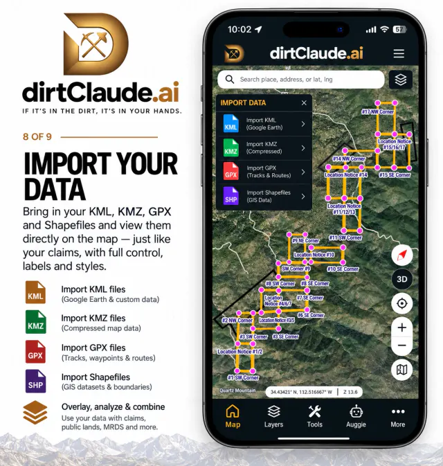 Phone screenshot of an Import data menu for KML, KMZ, GPX and shapefiles, over imported claim corners and location notices on satellite imagery.