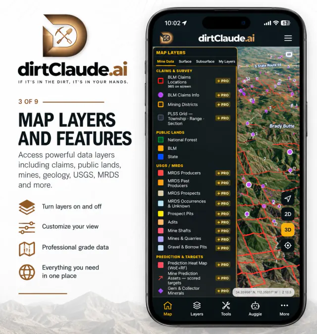 Phone screenshot of the Mine Data layers panel — BLM claims, PLSS grid, public lands, USGS MRDS and prediction rows — with red claim outlines on the map.
