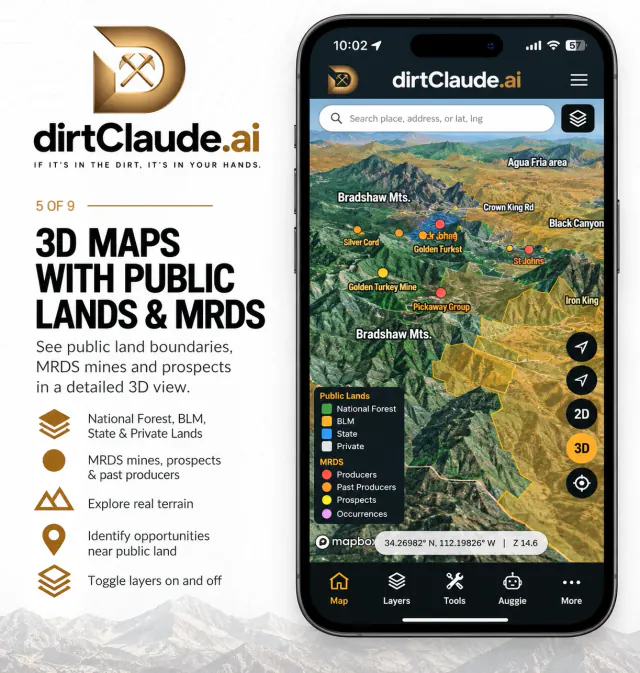 Phone screenshot of a 3D map of the Bradshaw Mountains with National Forest and BLM land shaded and MRDS mines marked by status.
