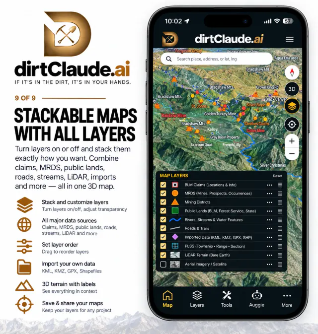 Phone screenshot of a 3D satellite map with named mines, prospects, claims and streams stacked on it, and the list of layers turned on below.